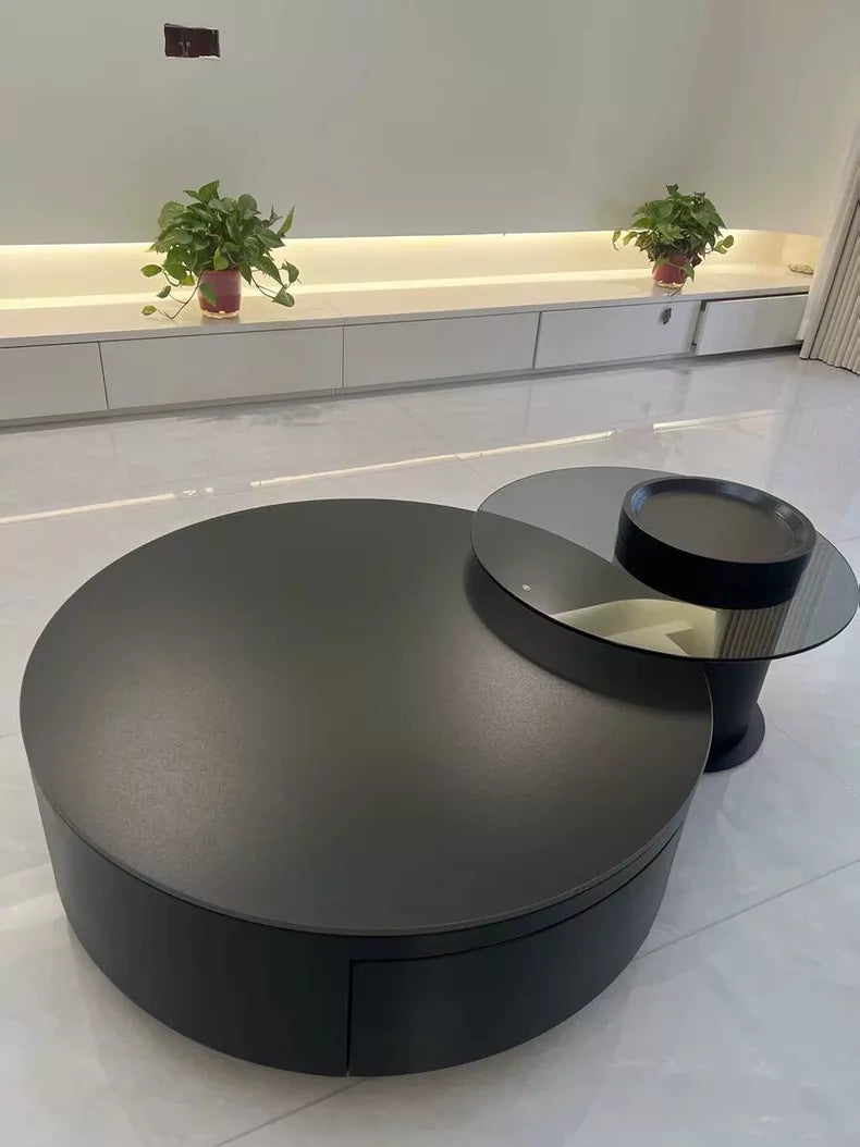 Ensemble de tables basses rondes 100 cm noir en verre et bois avec rangement design contemporain