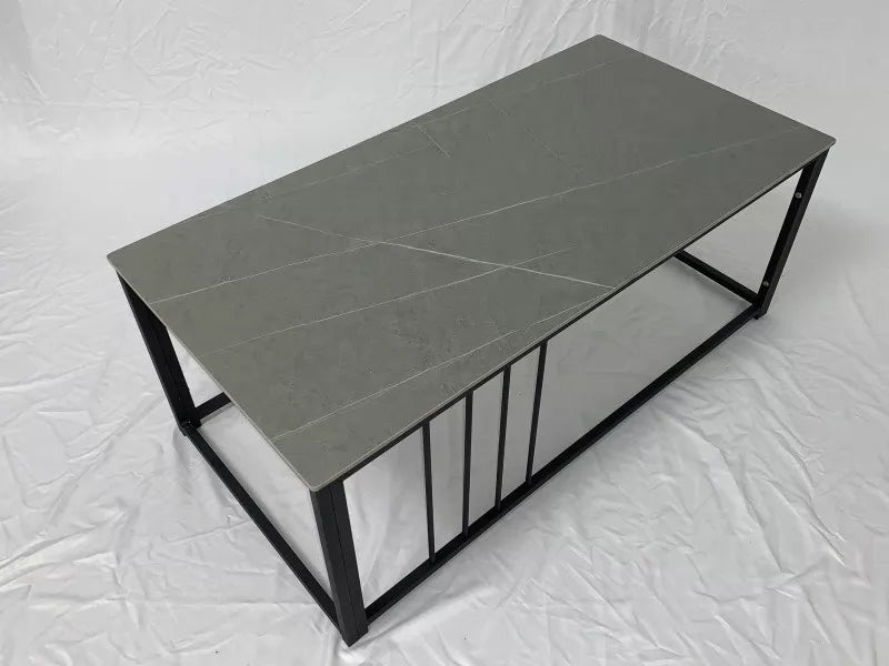 Table basse 120 x 60 x 45 cm plateau effet marbre gris structure métal noir style industriel