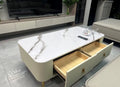 Table basse 120 x 60 x 40 cm blanche effet marbre avec 2 tiroirs style moderne