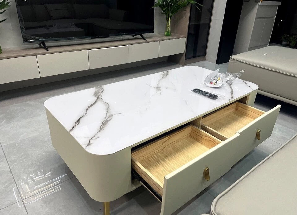 Table basse 120 x 60 x 40 cm blanche effet marbre avec 2 tiroirs style moderne