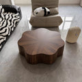 Table basse 90 cm en bois brun noyer forme fleur pour salon design organique