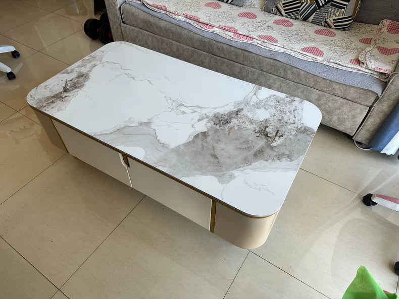 Table basse 120 x 60 cm en panneau de bois blanc et gris avec rangement contemporain