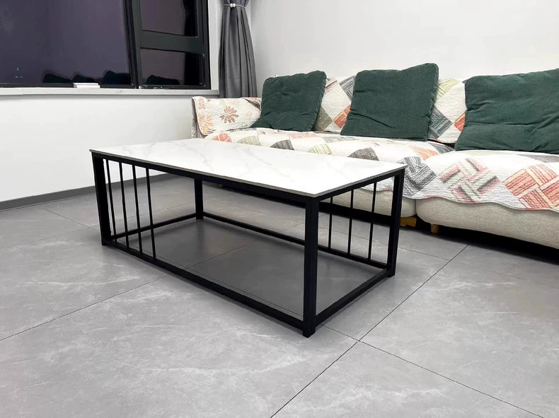 Table basse 100 x 50 x 45 cm décor marbre blanc structure métal noir style industriel