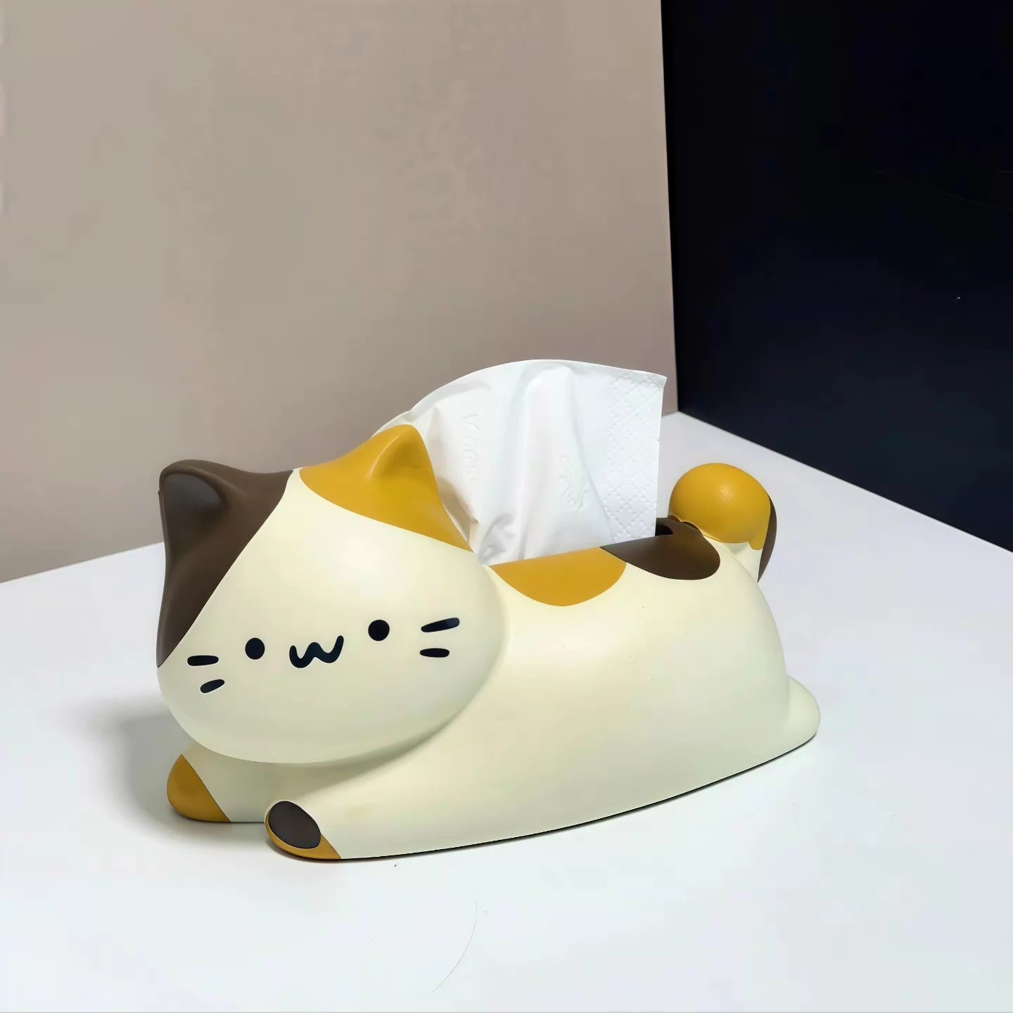 Boîte à mouchoirs chat 24 x 14 x 15 cm en plastique crème et marron décorative