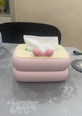 Boîte à mouchoirs 20 x 13 x 10 cm en plastique rose et crème décor nœud pour table