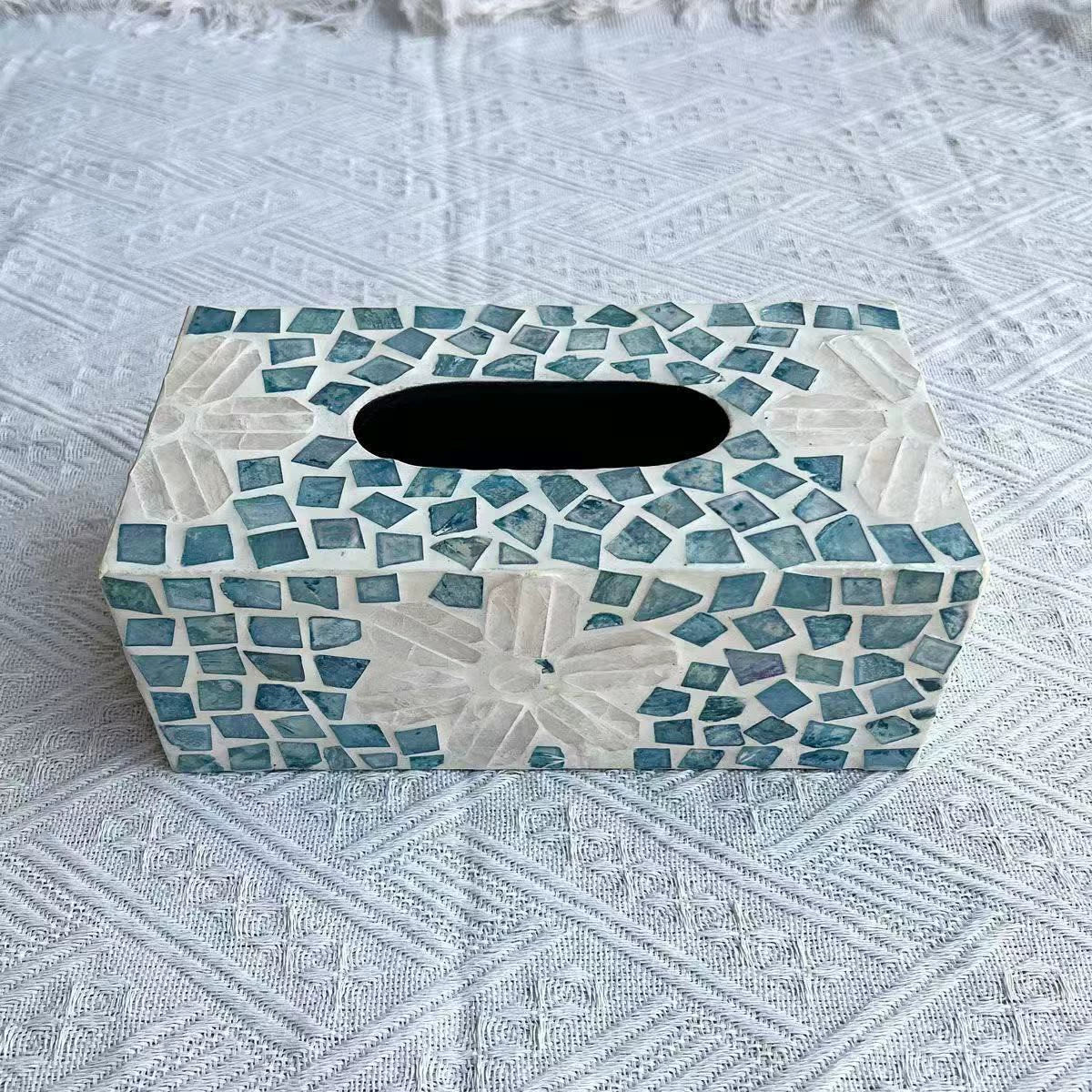 Boîte à mouchoirs 25 x 14 x 10 cm en nacre bleu blanc - décoration mosaïque
