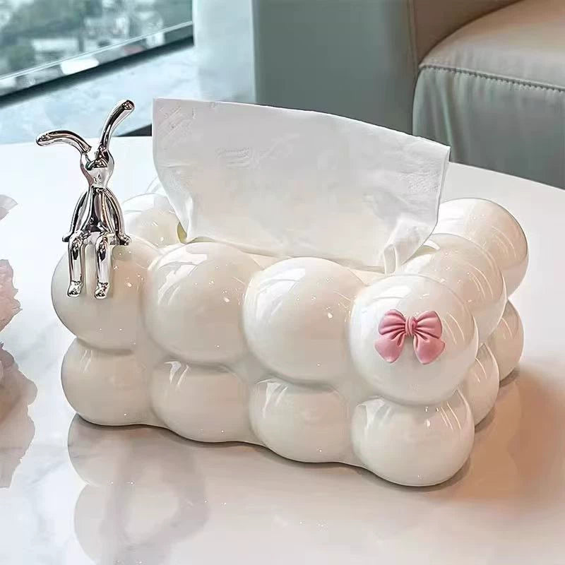 Boîte à mouchoirs 20 x 13 x 10 cm en céramique blanche décor nœud style nuage