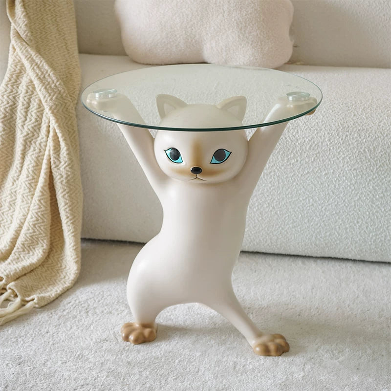 Table d'appoint chat 50 x 40 x 55 cm en résine blanche avec plateau en verre transparent style fantaisie